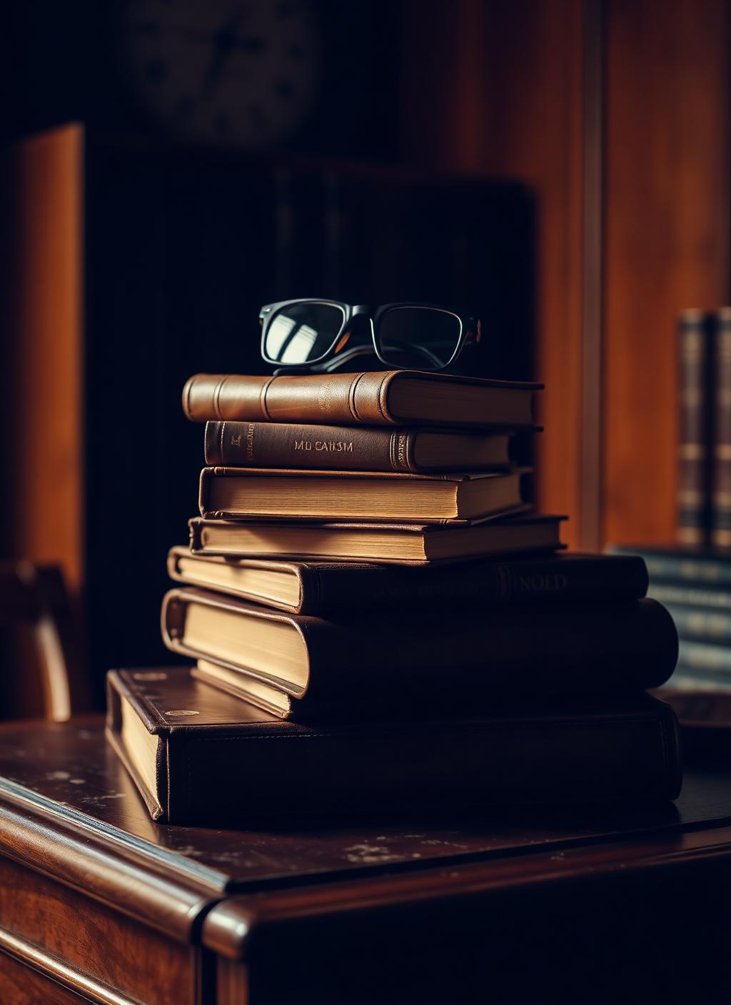 Stack of leather bound employment law treatises with reading glasses on top in warm tungsten light