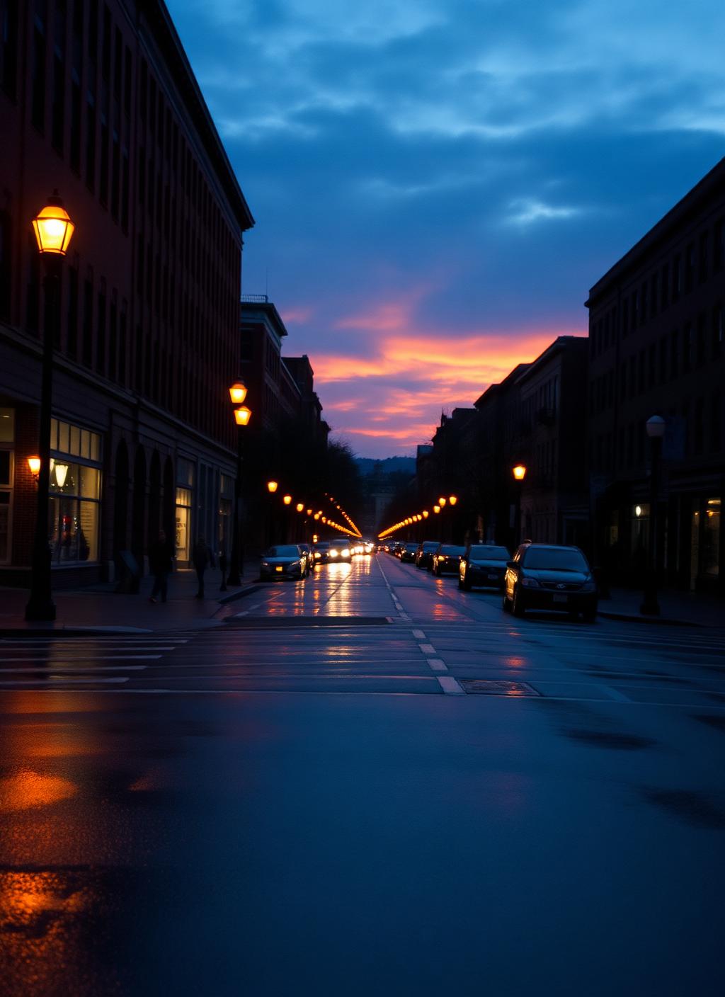 Wet Charleston West Virginia city street at dusk with warm streetlamp reflections