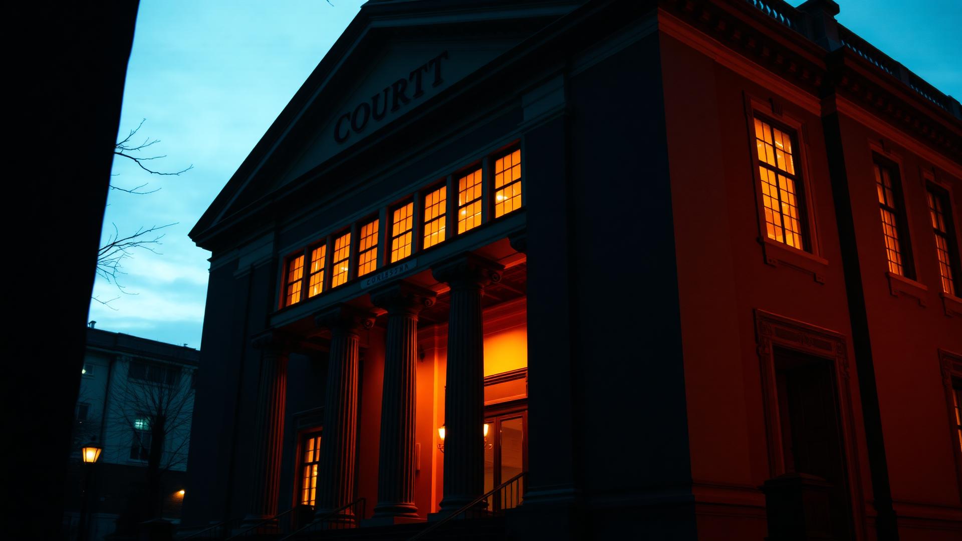 Historic stone courthouse exterior with warm afternoon light catching the columns