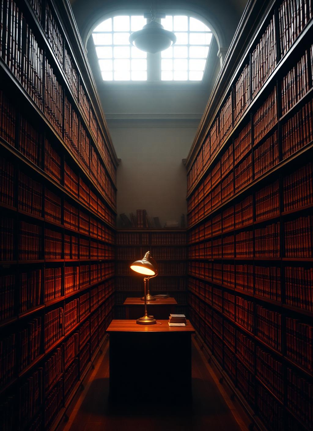 A warm wood-paneled law library with rows of leather-bound legal volumes