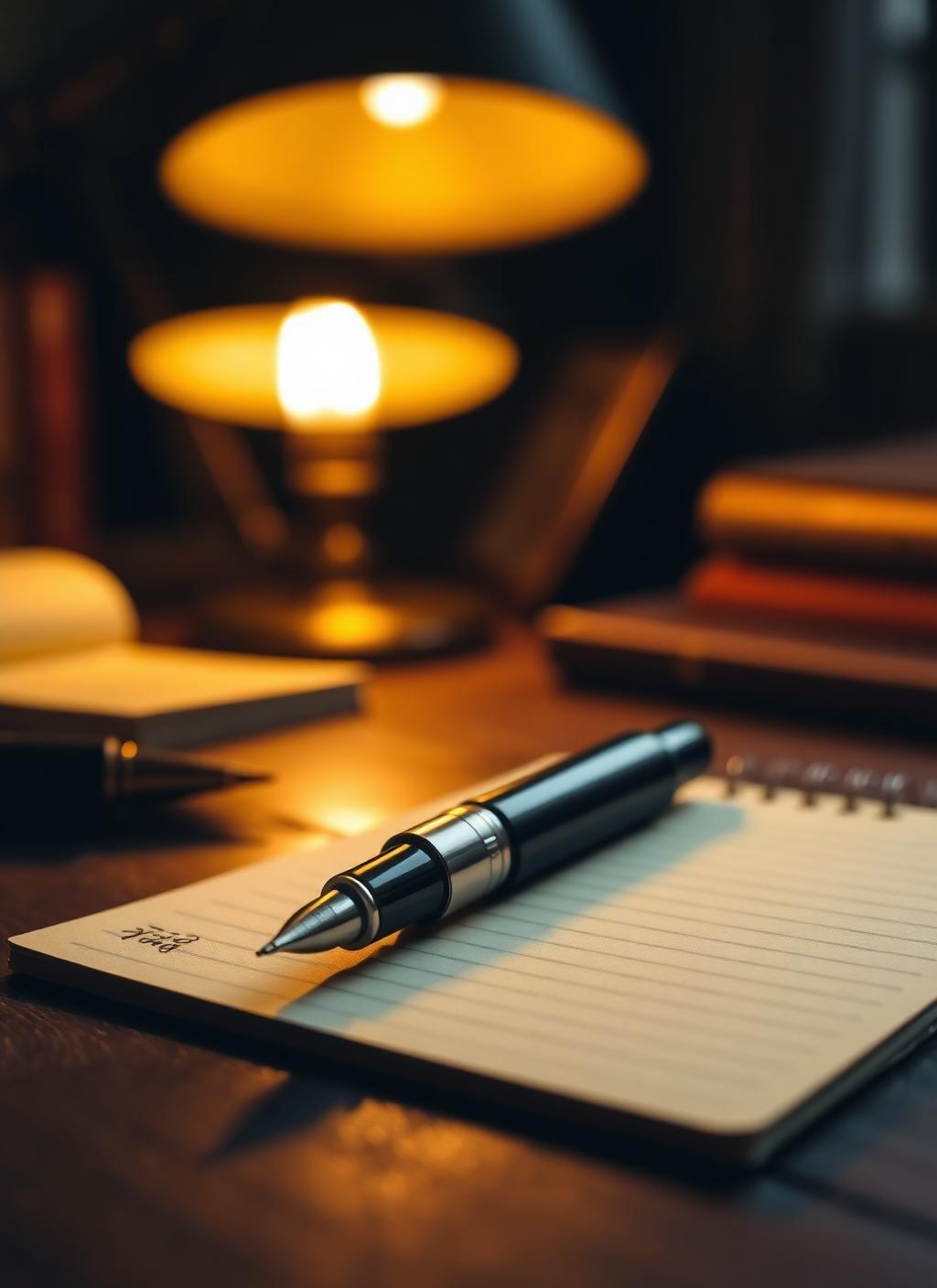 Quality fountain pen resting on a yellow legal notepad in warm desk lamp light
